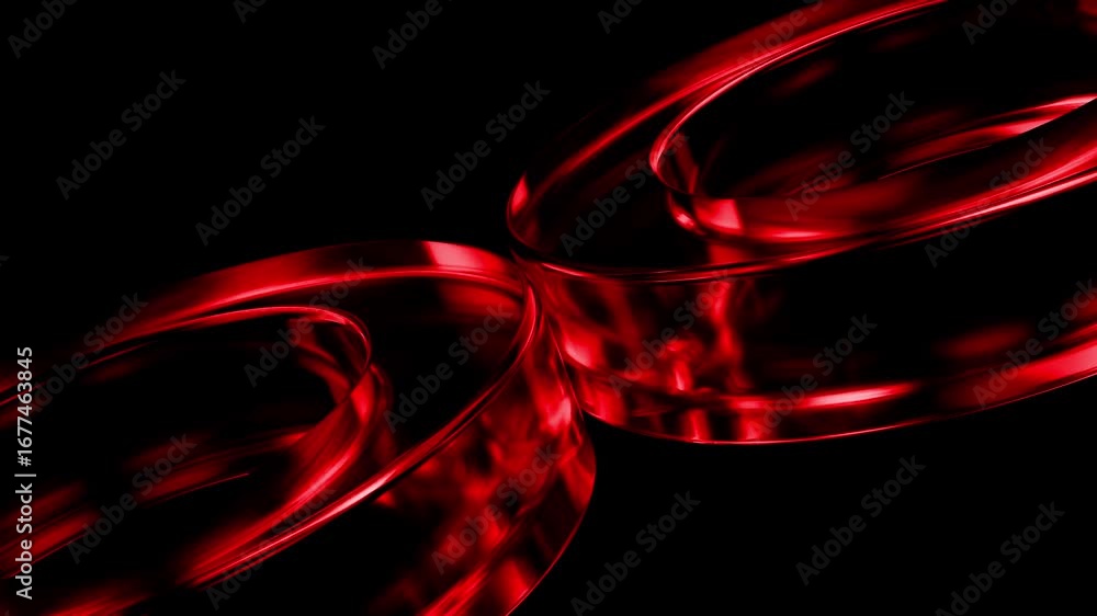 Poster metallic red rings rotating slowly against deep black background, creating dynamic abstract visual c