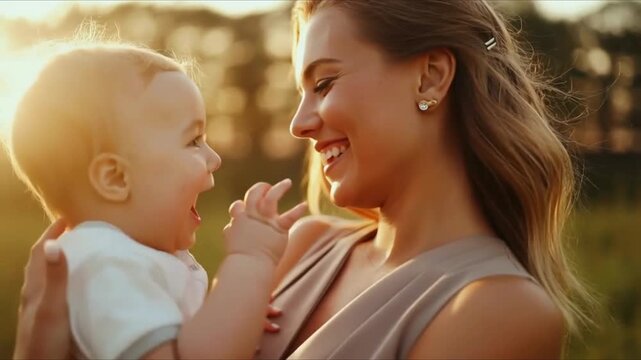Elegant young mother holding her smiling child in warm golden light, cinematic advertising style with vibrant colors and emotional realism