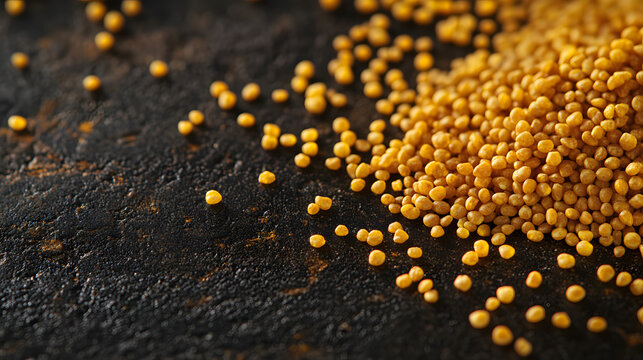 A close-up of golden einkorn grains scattered on a drk surface, showcasing ther elongated shape and finetexture under natural ligh.