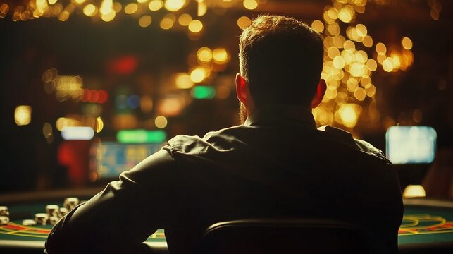 Man sitting at table with casino table in the background. Realistic video poker in casino in kyiv ukraine. Engaging game with a depth of field. A man is seated at a table, with lifestyle a casino.