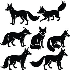 Collection of diverse black fox silhouettes in various dynamic poses