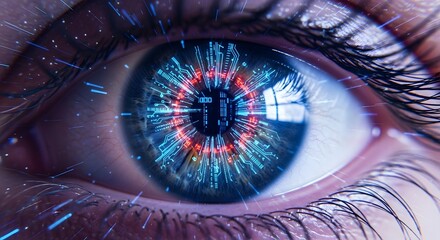 Close up of a human eye reflecting a complex futuristic digital network and glowing geometric patterns