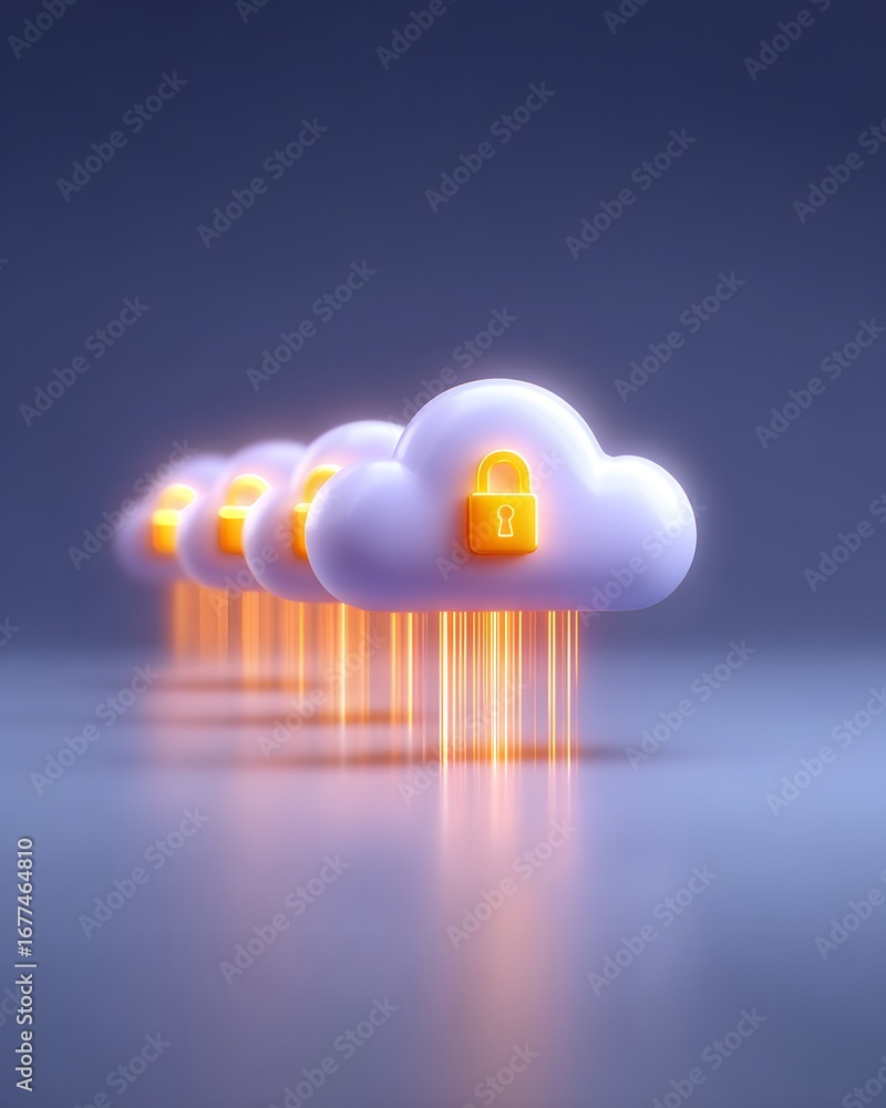 Poster a digital illustration depicting four clouds with locks, symbolizing cloud security and data protect