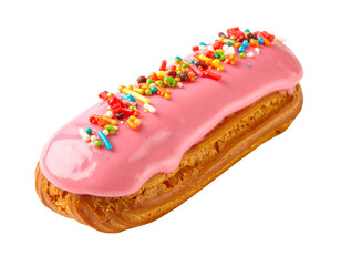 Pink eclair with sprinkles isolated on transparent background png