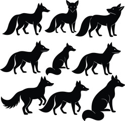Collection of black fox silhouettes illustrating various animal poses and movements