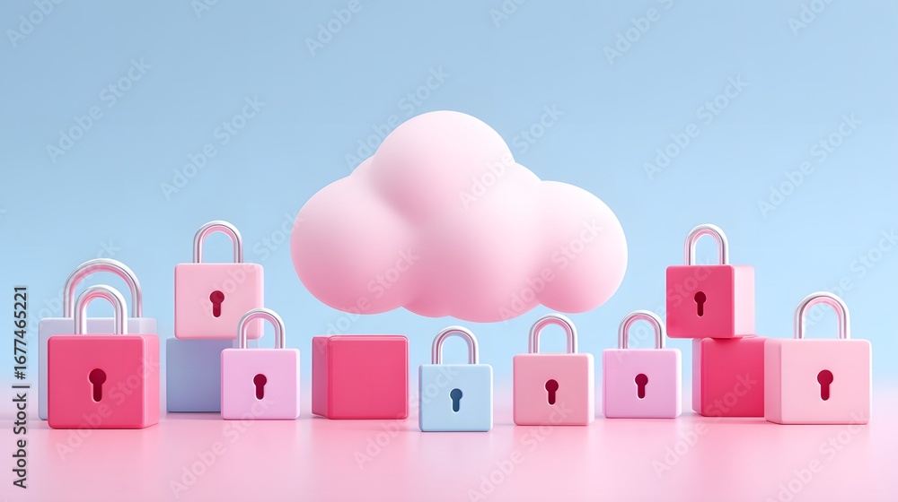 Poster a colorful arrangement of pink and blue locks with a cloud symbolizing security and data protection 