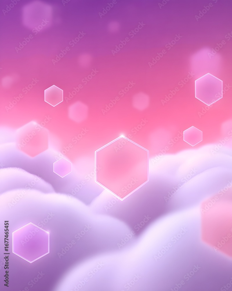 Poster an abstract image featuring pastel-colored clouds with geometric hexagonal shapes floating among the