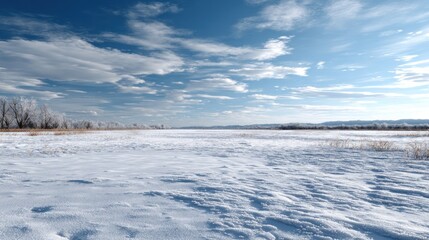 A vast expanse of snow-covered terrain stretches beneath a vibrant, cloud-filled winter sky, showcasing a serene landscape of frosted trees.