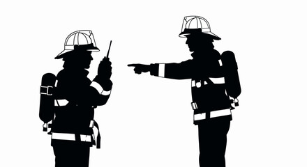 Two firefighters in silhouette communicating and directing action against a white background