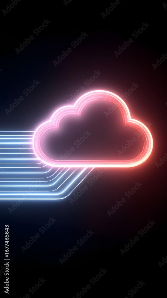 Poster a neon cloud icon with colorful lines represents digital connectivity and cloud computing technology
