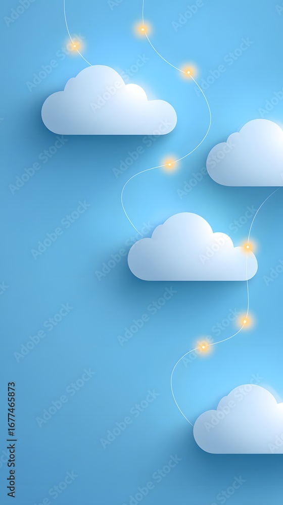 Poster a serene blue background features soft clouds connected by glowing lights, creating a whimsical and 
