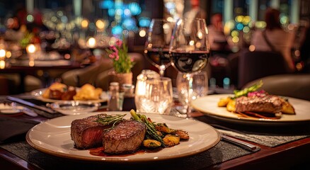 Fototapeta premium Elegant dinner setting with steak and wine (1)
