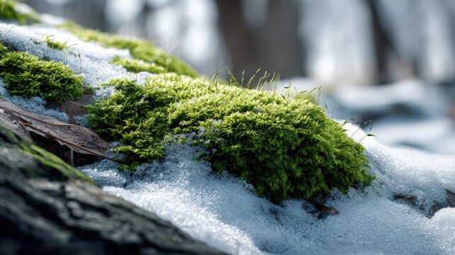 A vibrant patch of fresh moss thrives amidst a blanket of winter snow on a weathered tree trunk.