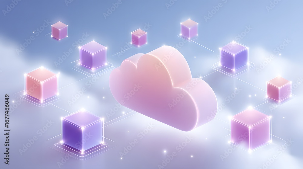Poster a digital illustration of cloud computing, featuring a central cloud connected to various cubes, sym