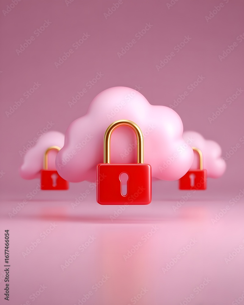 Poster a whimsical illustration of clouds with red locks, symbolizing digital security and privacy in a vib
