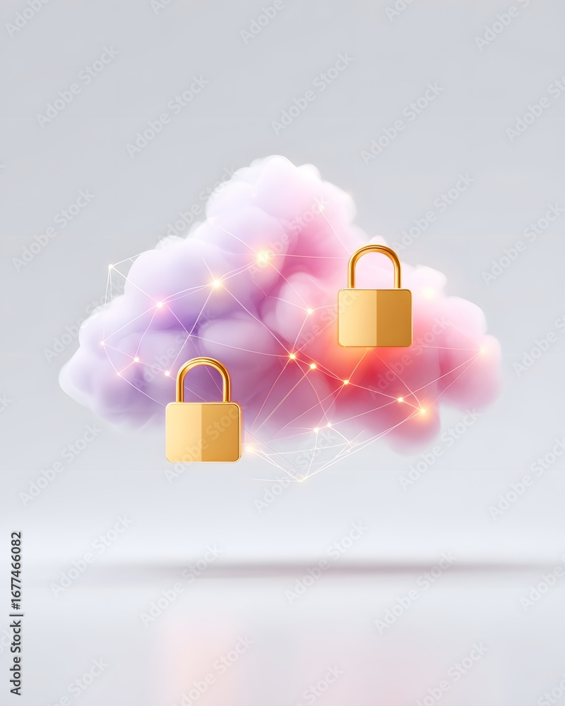 Poster a digital illustration of a cloud with two golden padlocks, symbolizing data security and privacy in