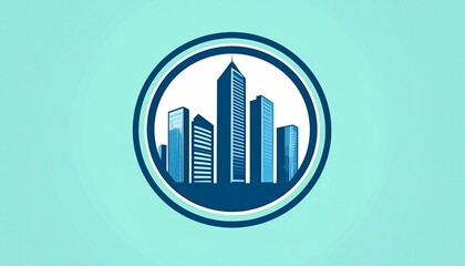 Fototapeta premium Stylized illustration of a modern city skyline with tall buildings in shades of blue and teal, framed within a circle.