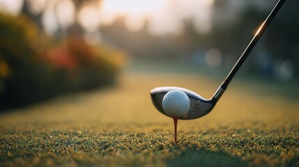 Golf Club Ball Teeing Off on Green Fairway During Sunset