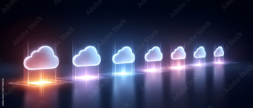 Poster a series of glowing cloud icons against a dark background, representing cloud computing and digital 
