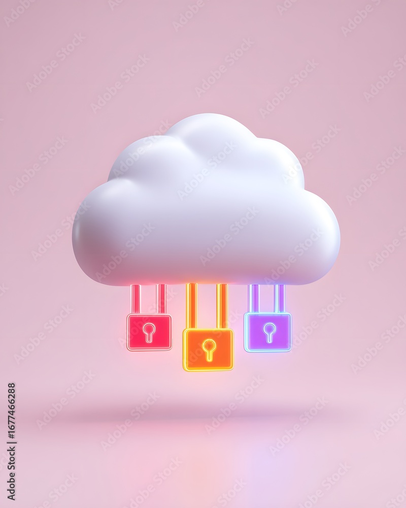 Poster a stylized cloud with colorful padlocks symbolizes cloud security and data protection in a modern di