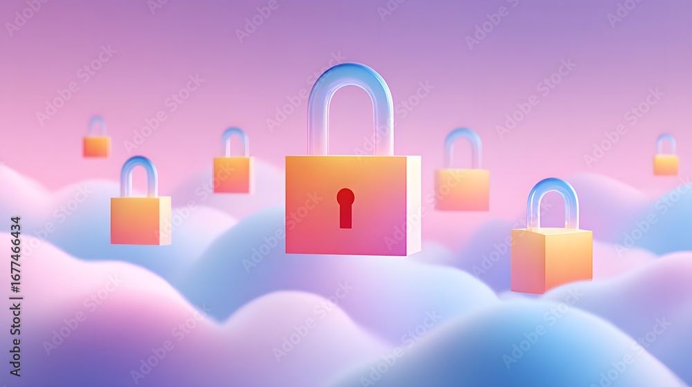 Poster a surreal digital scene featuring colorful locks floating in soft clouds against a pastel sky, symbo