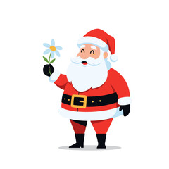 Cheerful santa claus holding a delicate daisy flower with a gentle smile and festive attire