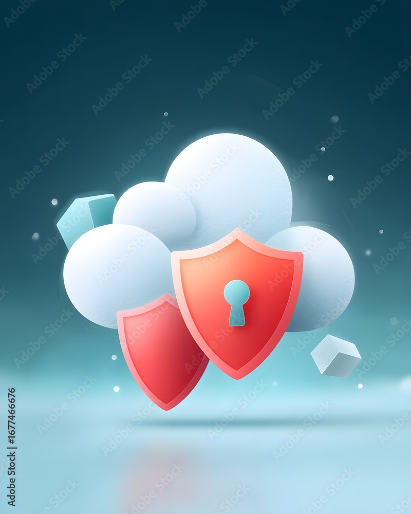 Poster a digital illustration of a cloud with security shields, symbolizing cloud security and data protect