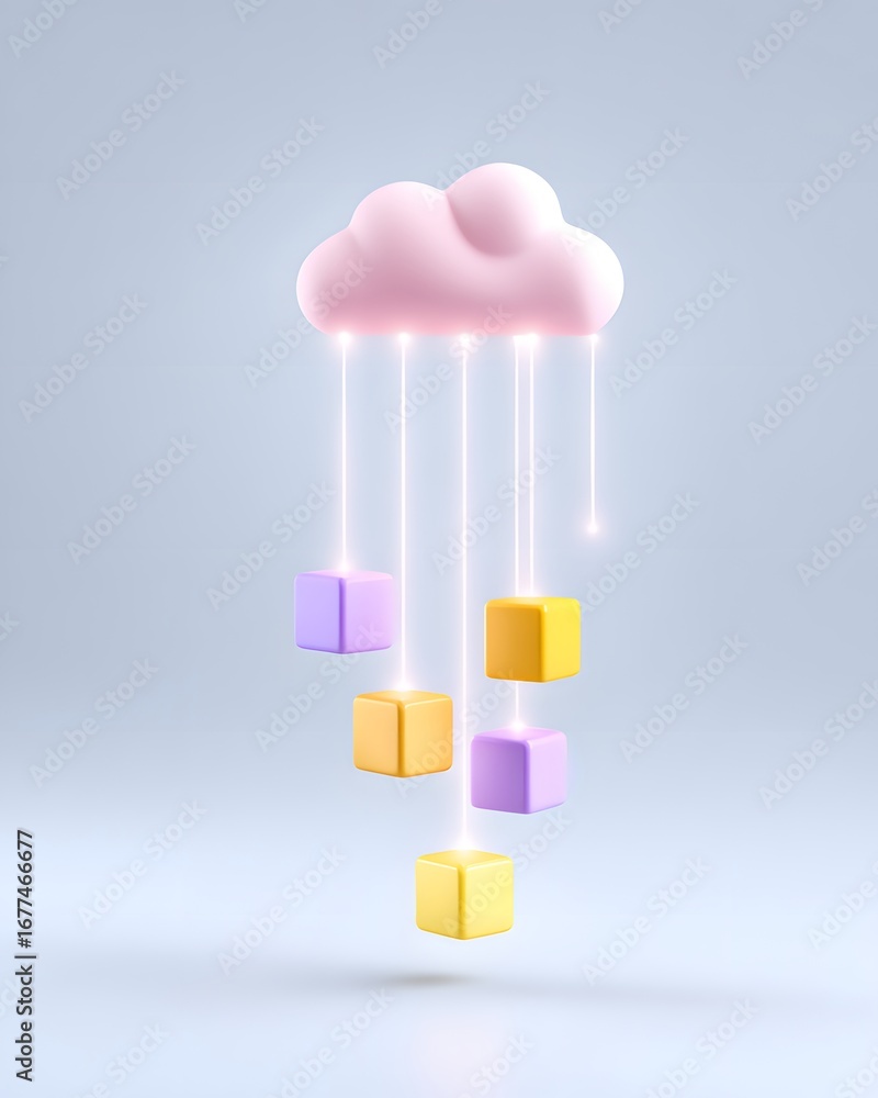 Poster a whimsical cloud with colorful blocks hanging below, creating a playful and modern design element.