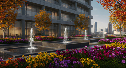 Obraz premium Urban cityscape fountain flowers building autumn trees water feature outdoor architecture design modern 100