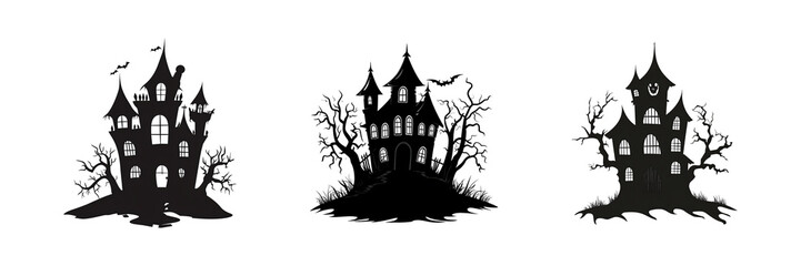 Set of Haunted house silhouette isolated on transparent background, cut out