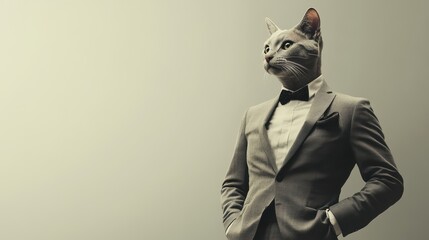 A stylish cat in a suit exudes elegance and charm, blending human attire with feline features for a whimsical and humorous effect.
