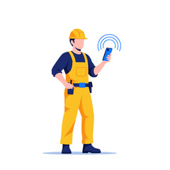 Construction worker uses smartphone for site communication and project management information exchange