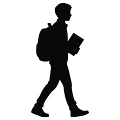 Silhouette of a student walking with a backpack and books, representing education and journey