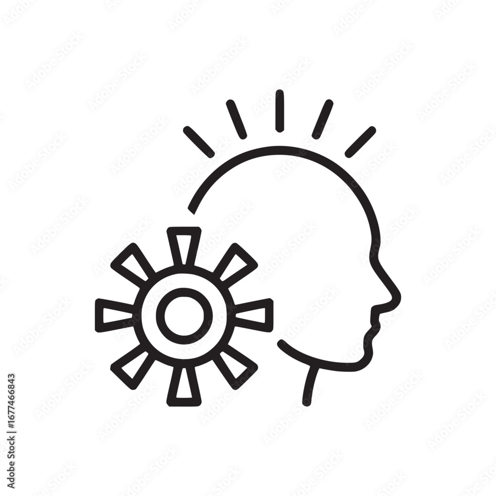Poster outline of a head profile with radiating lines and a gear icon on a white background simple design