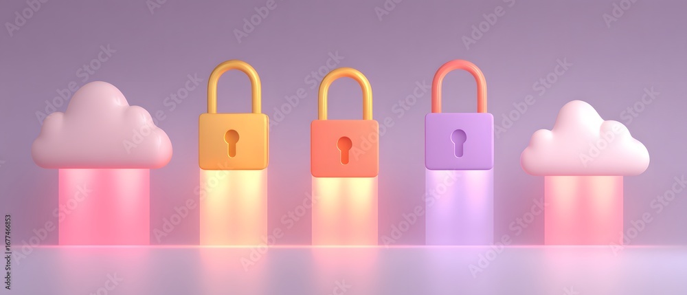 Poster colorful cloud shapes paired with stylized locks, creating a whimsical representation of security an