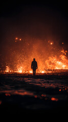 Fototapeta premium Walking Into Inferno: A solitary figure confronts the awe-inspiring power of an erupting volcano, a silhouette against the fiery spectacle, illustrating the raw forces of nature.