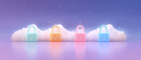 A serene digital artwork featuring colorful glowing locks above clouds, set against a dreamy gradient background.