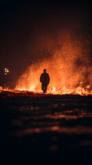 Fototapeta premium Silhouette in Flames: A solitary figure navigates a fiery landscape, the intense glow of the flames casting a dramatic silhouette. A scene of courage and resilience.