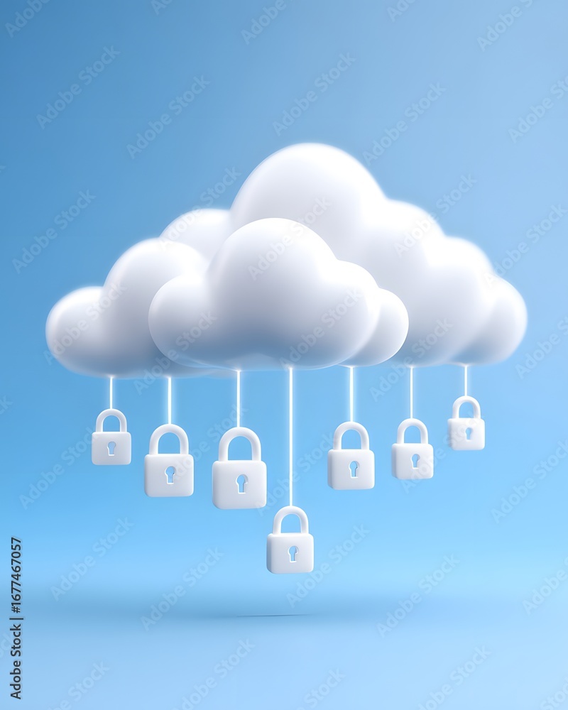 Poster clouds with padlocks symbolize cloud security and data protection in a blue background, emphasizing 