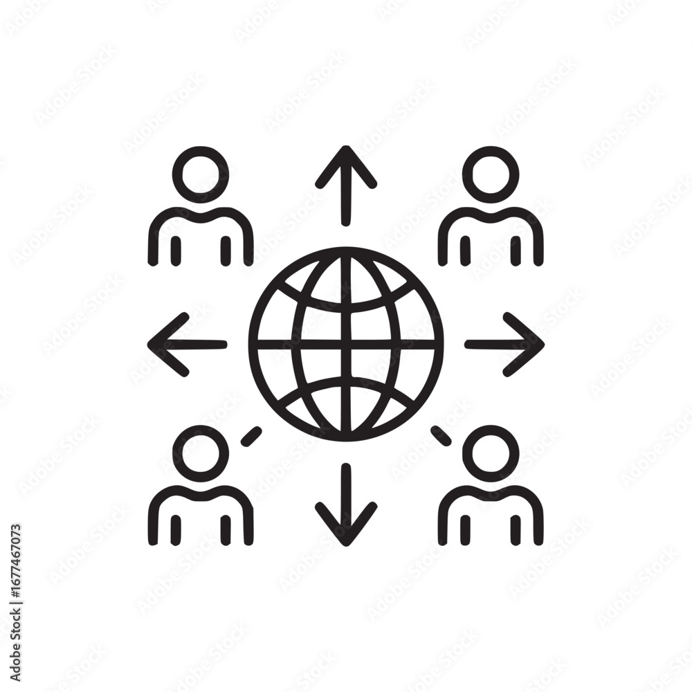 Poster illustration of a globe surrounded by people with arrows indicating connection and communication flo