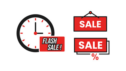 Set of Sale and Discount Icons with Flash Sale Clock and Banners