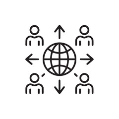 Illustration of a globe surrounded by people with arrows indicating connection and communication flow
