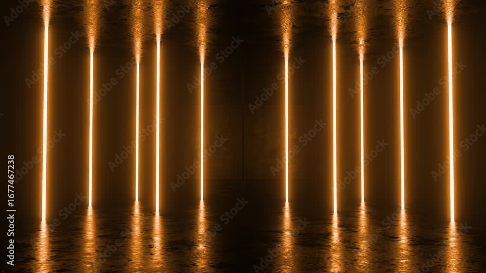 Poster glowing orange neon lights illuminate an empty room with a reflective floor, creating a captivating 