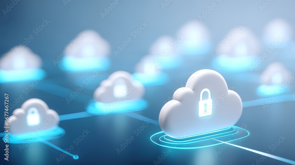 Poster a futuristic digital representation of cloud technology with secure storage, showcasing interconnect
