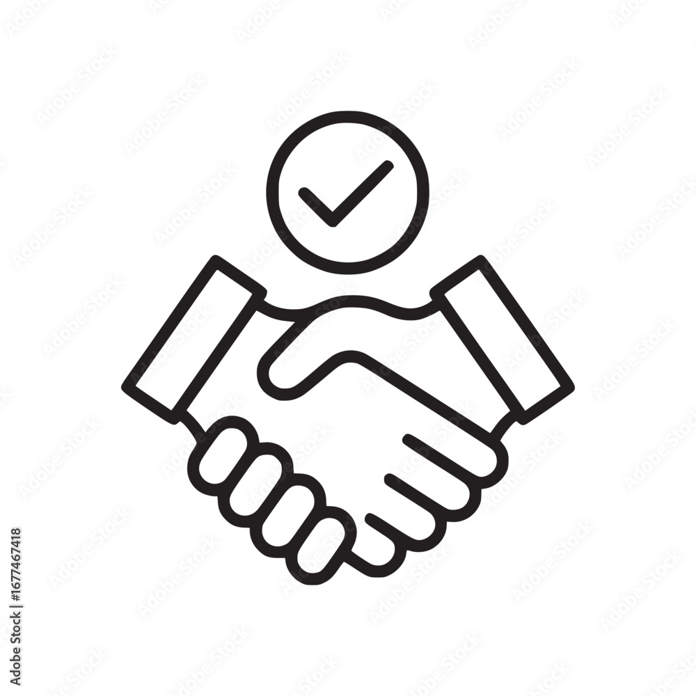Poster outline illustration of a handshake with a checkmark above it on a plain white background design ico