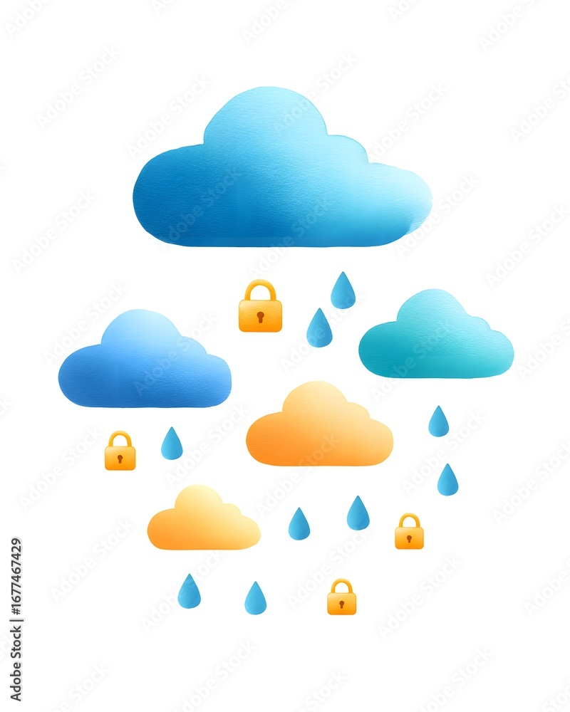Poster colorful clouds with raindrops and padlocks symbolize security in a digital or weather context, blen