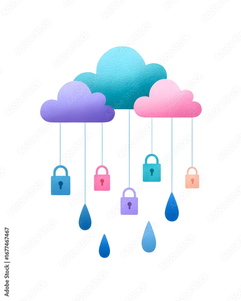 Poster colorful clouds with locks and droplets symbolize security and protection, blending creativity with 