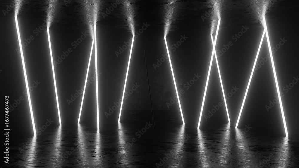 Poster bright neon lights are creating dynamic patterns in a dark space, their reflections adding depth to 