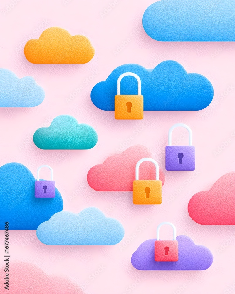 Poster a colorful digital illustration of clouds with locks, symbolizing data security and protection in a 
