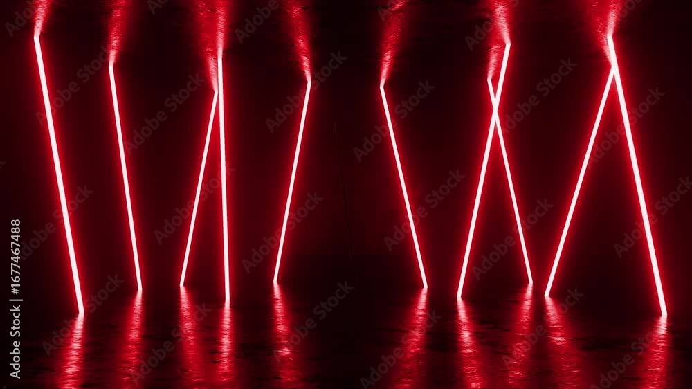 Aufkleber intersecting red neon lights reflecting on sleek dark surface, generating dynamic futuristic visual 